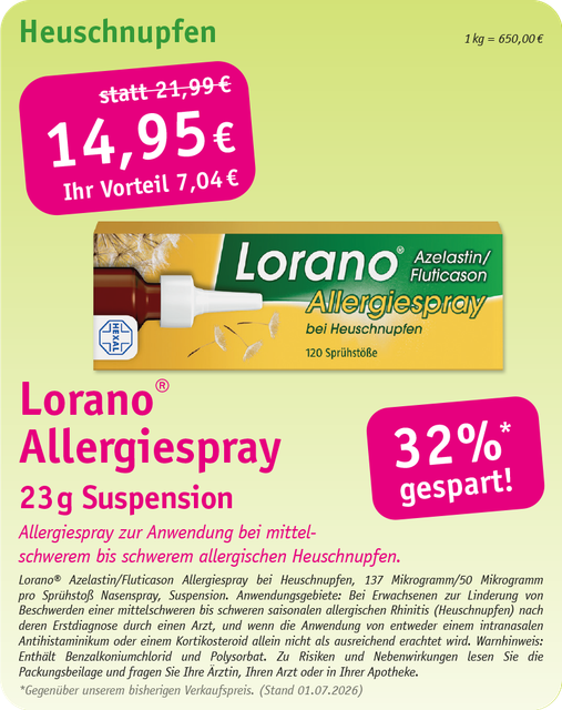 Werbeanzeige für Lorano Allergiespray gegen Heuschnupfen, grün-gelb mit Preis- und Rabattangaben