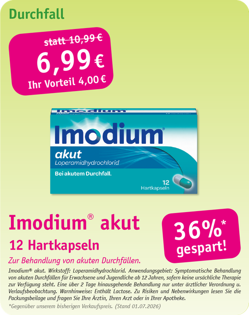 Imodium akut Werbeplakat mit 12 Hartkapseln, grün-pink, 6,99 € statt 10,99 € und 36 % Rabatt