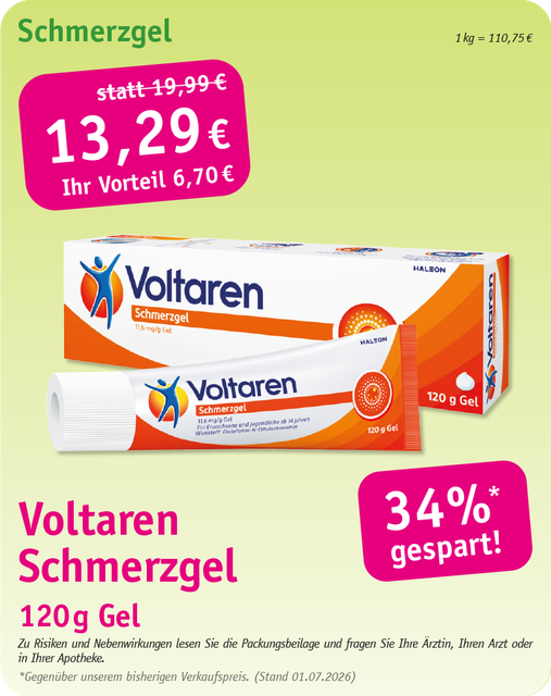 Voltaren Schmerzgel-Werbeangebot mit Tube und Schachtel auf lindgrünem Hintergrund, 13,29 € und 34 % Ersparnis.