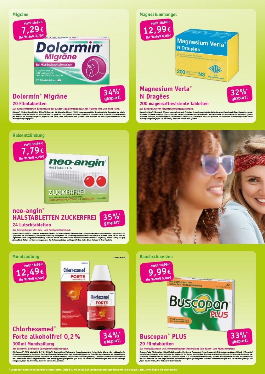 Collage einer grünen Apothekenwerbung mit mehreren Medikamentenschachteln, Flaschen und einer lächelnden Frau mit Kind im Freien