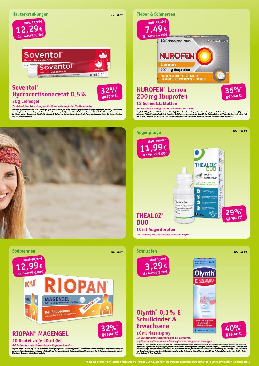 Collage aus sechs leuchtend grünen Werbeanzeigen für Apothekenprodukte, mit Preisen und einer lächelnden Frau auf einem der Bildfelder.