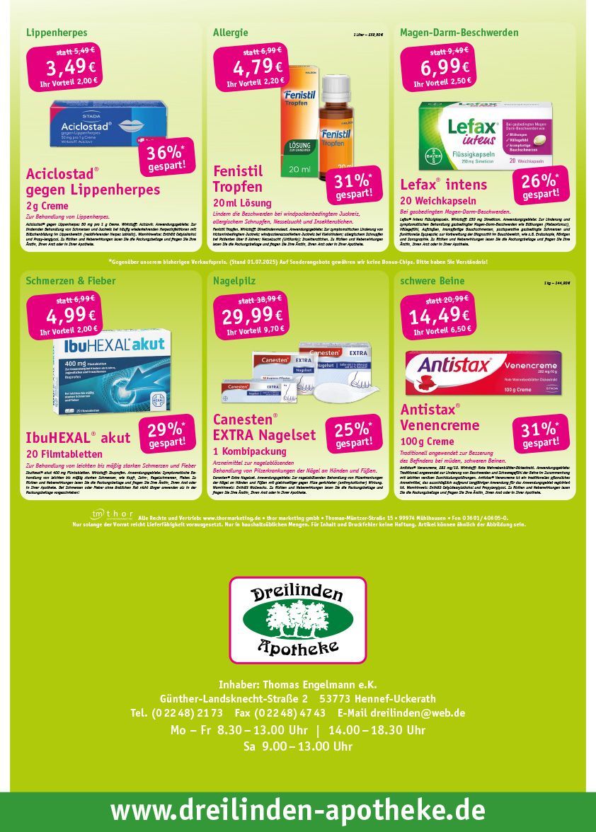 Grüner Apothekenflyer mit mehreren Medikamentenanzeigen und Preisen auf gelbem Hintergrund