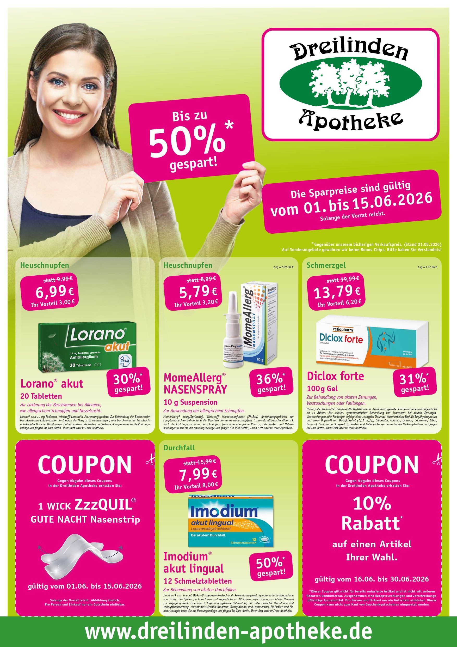 Werbung für die Breilinden Apotheke: Frau hält ein Schild mit 50 % Rabatt. Angebote für Medikamente und Gutscheine.