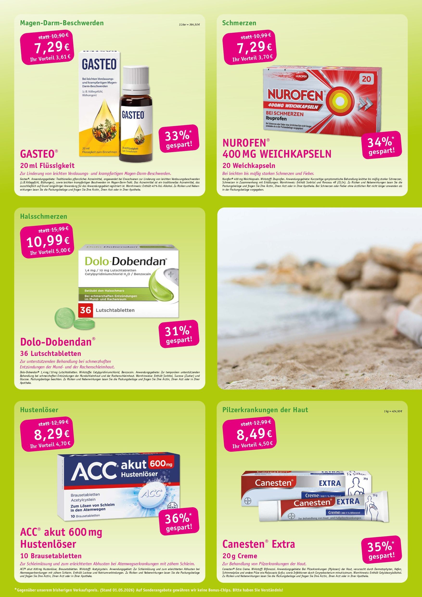 Werbung für verschiedene Medikamente. Frau und Kind halten Blumen.