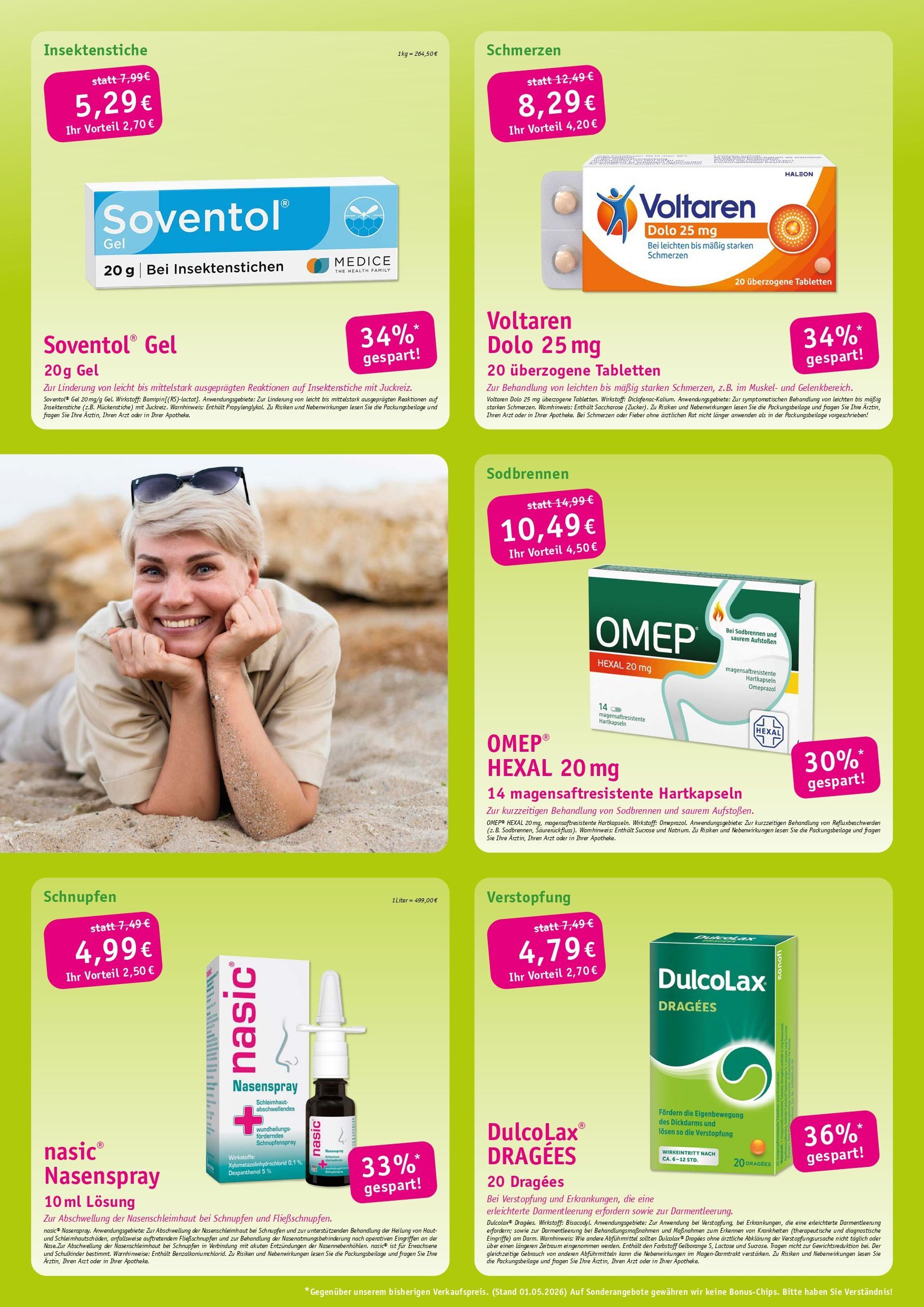 Grüne Werbung mit sechs abgebildeten Medikamentenpackungen und Preisangaben.