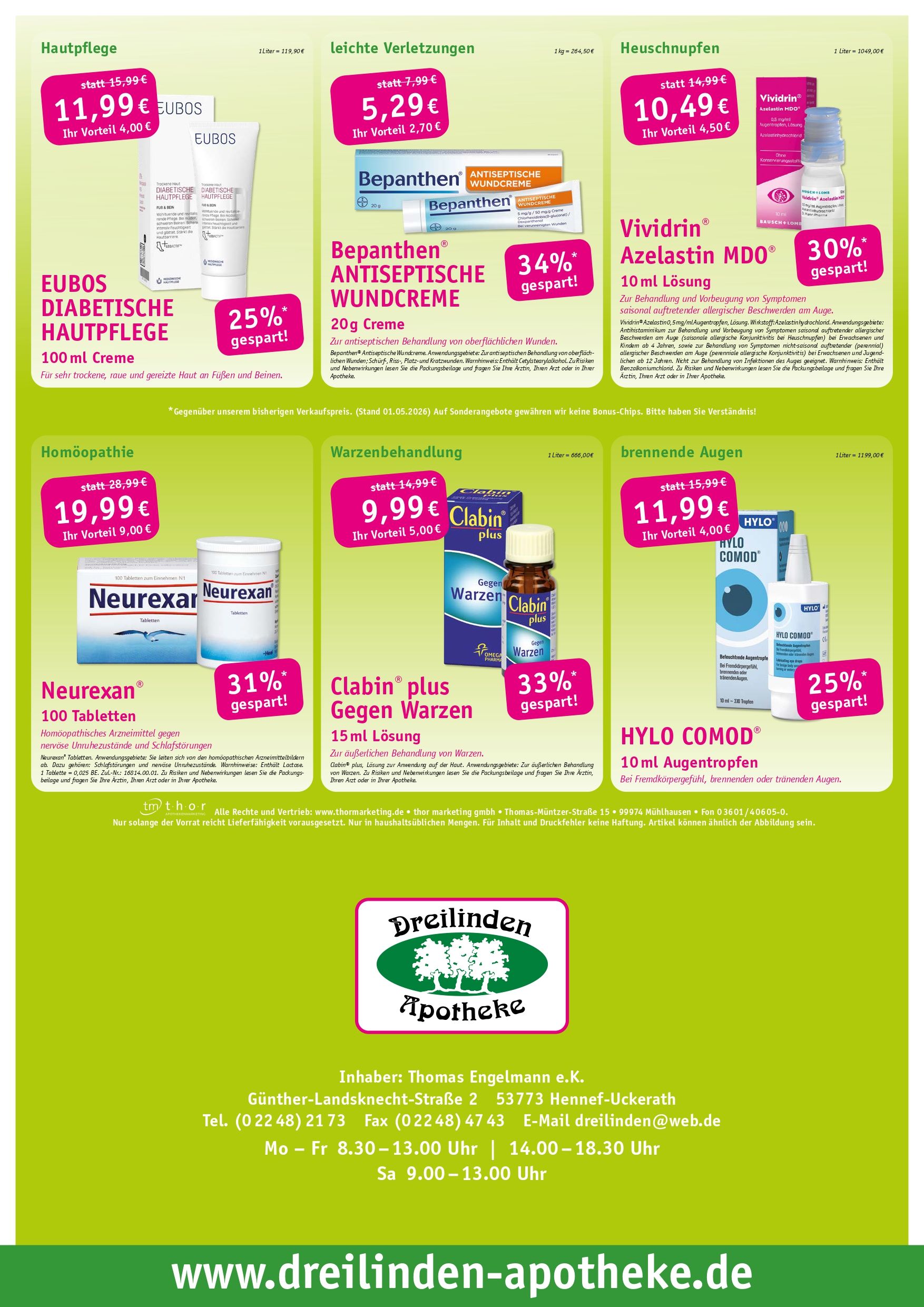 Werbeflyer für die Dreilinden Apotheke mit Produktrabatten und der Hautpflegelinie La Mer.