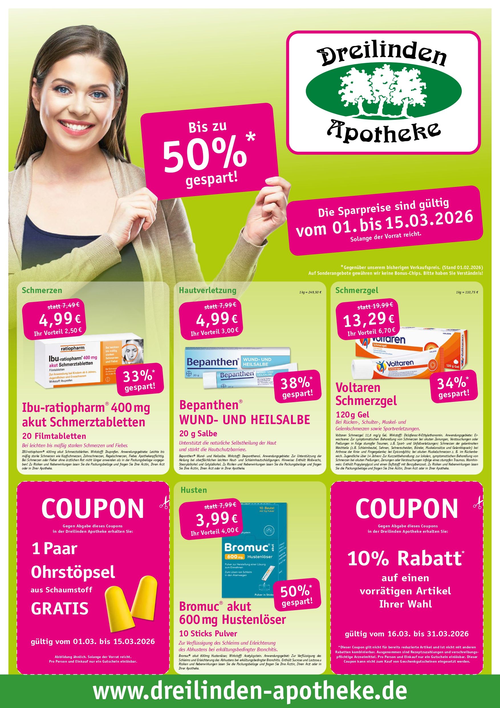 Werbung für die Breilinden Apotheke: Frau hält ein Schild mit 50 % Rabatt. Angebote für Medikamente und Gutscheine.