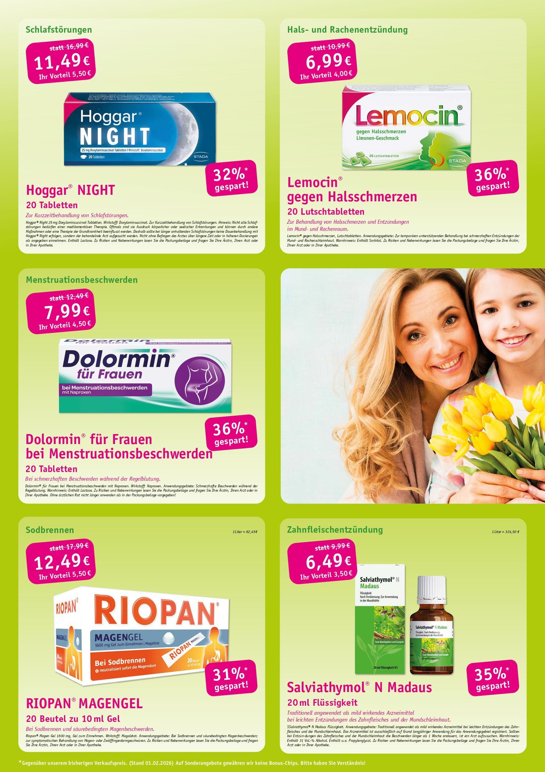 Werbung für verschiedene Medikamente. Frau und Kind halten Blumen.