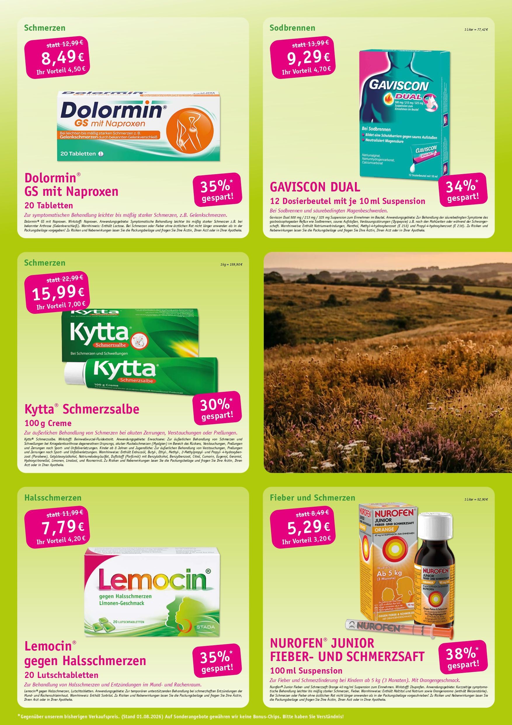 Collage einer grünen Apothekenwerbung mit mehreren Medikamentenschachteln, Flaschen und einer lächelnden Frau mit Kind im Freien