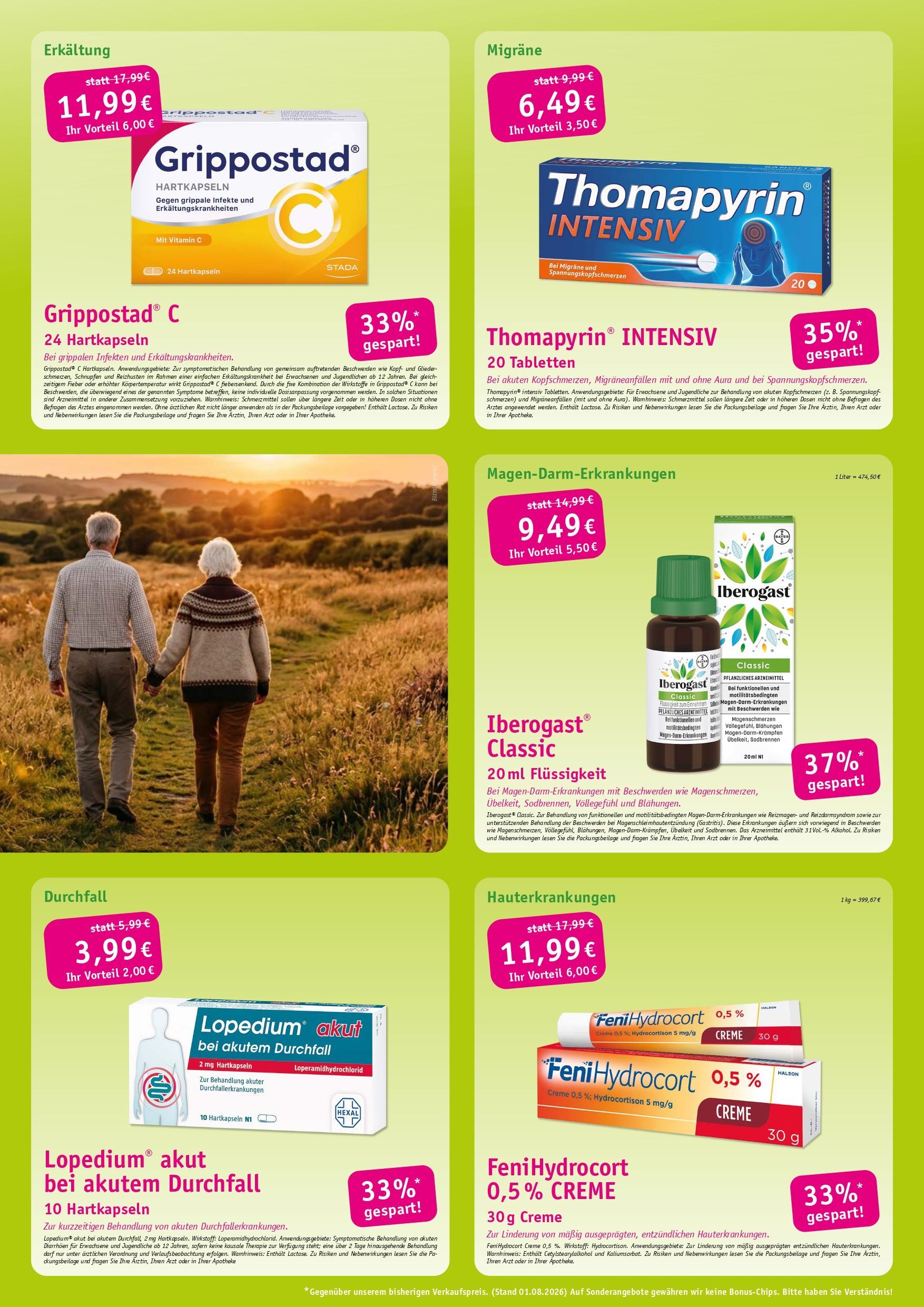 Collage aus sechs leuchtend grünen Werbeanzeigen für Apothekenprodukte, mit Preisen und einer lächelnden Frau auf einem der Bildfelder.