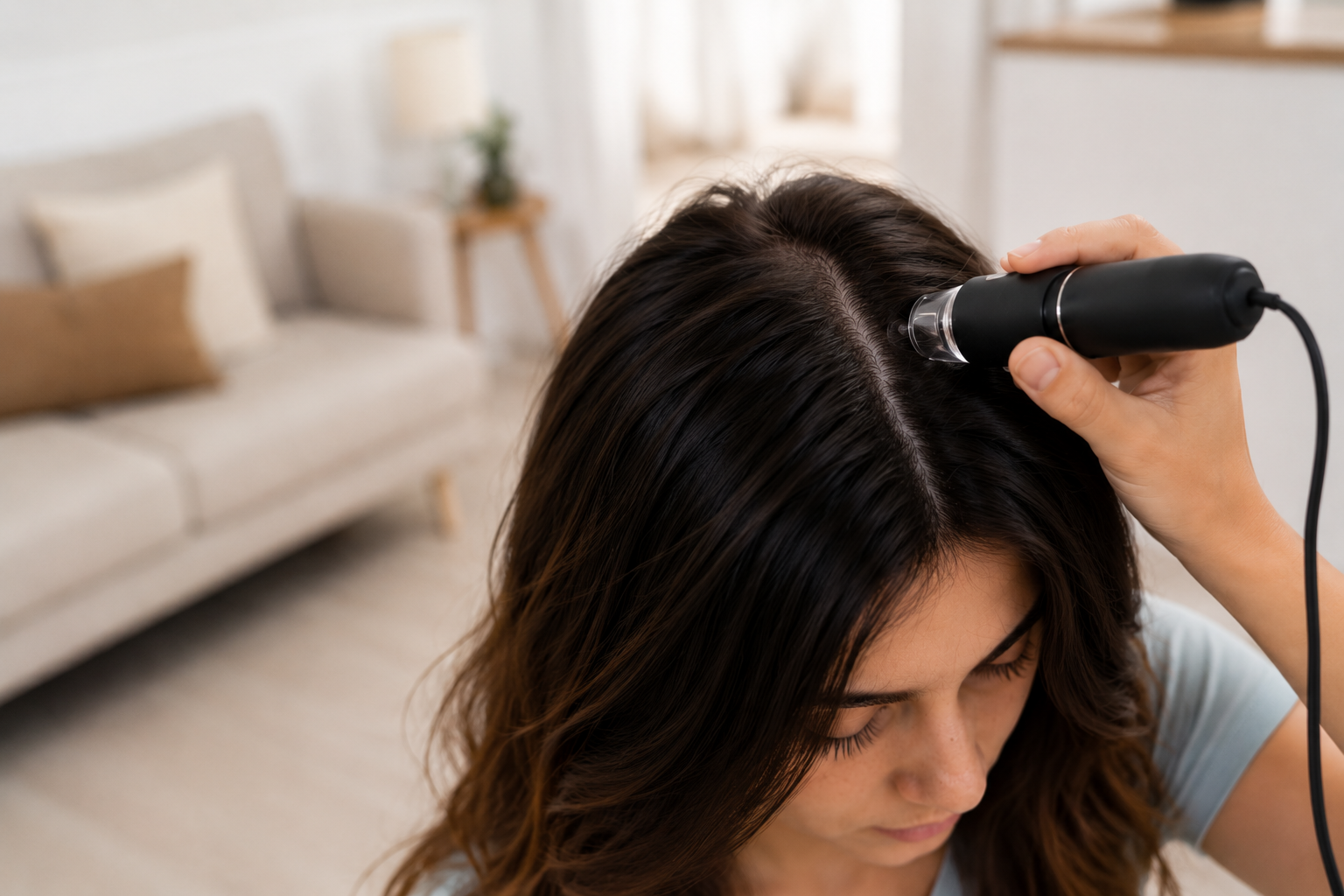 Peinando el cabello con un peine de dientes anchos en el lavabo de una peluquería.