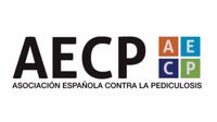 AECP logo with black letters and a four-color square icon, Asociación Española Contra la Pediculosis
