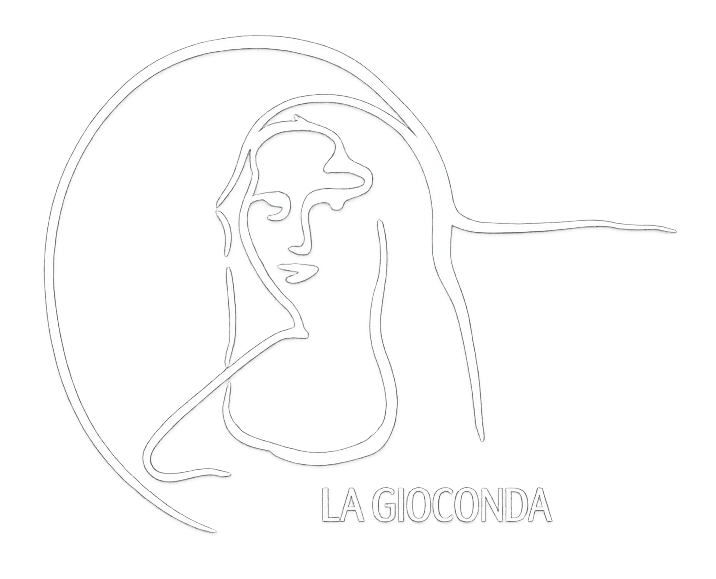 Dibujo lineal de la Mona Lisa con el texto “LA GIOCONDA” debajo.