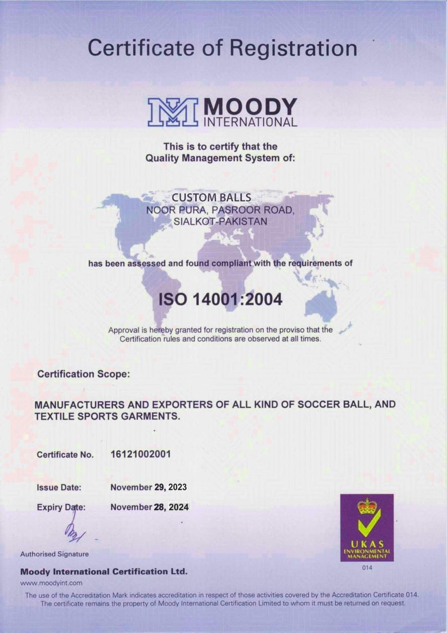 Registrierungszertifikat von Moody International, ISO 14001:2004-zertifiziert für die Herstellung von Sportbekleidung.