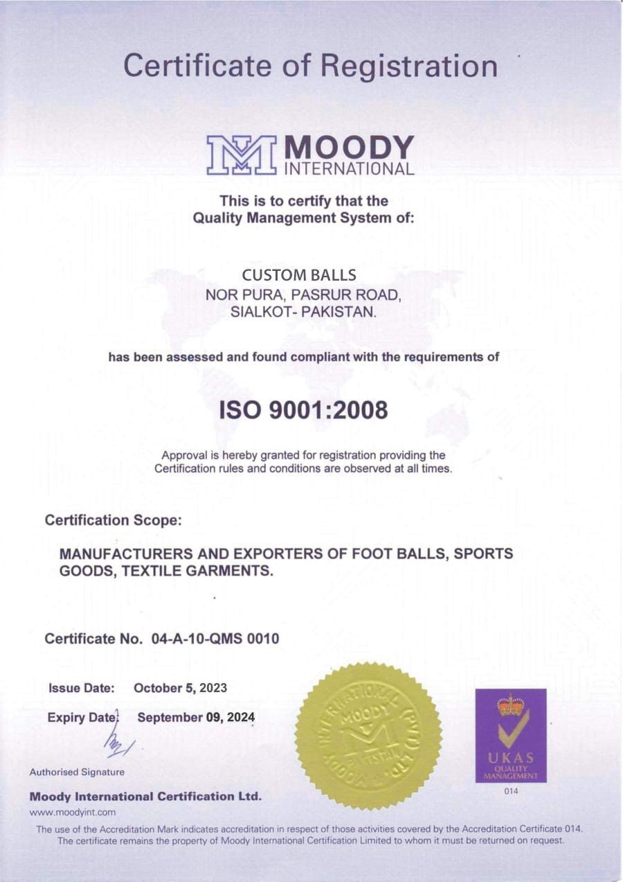 Registrierungszertifikat für kundenspezifische Bälle, Norpur, Pakistan. ISO 9001:2008-zertifiziert, Hersteller von Fußbällen und Sportartikeln.