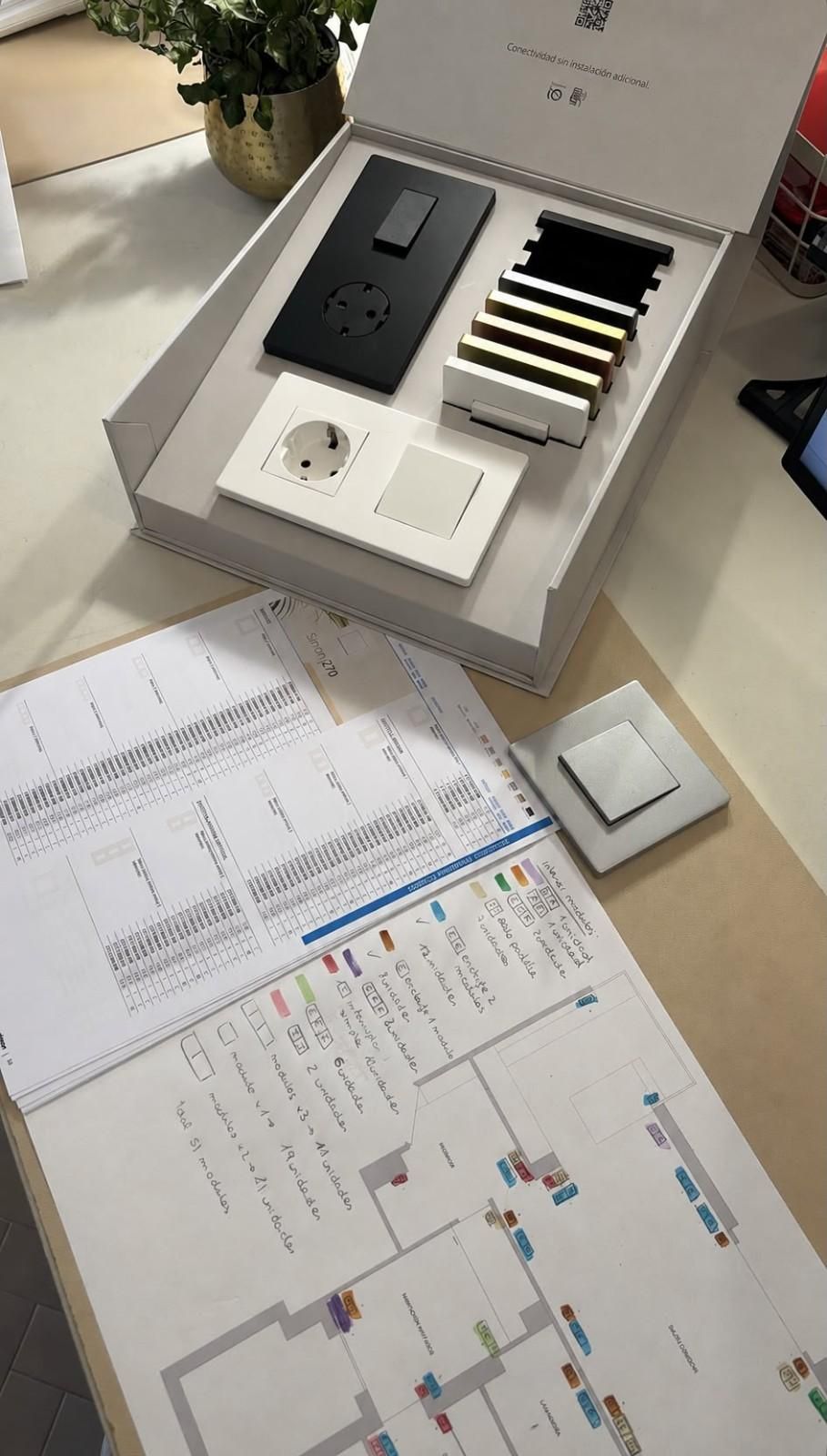 Escritorio blanco con un dispositivo de teclado, papeles y un diagrama de distribución con marcadores de colores encima.