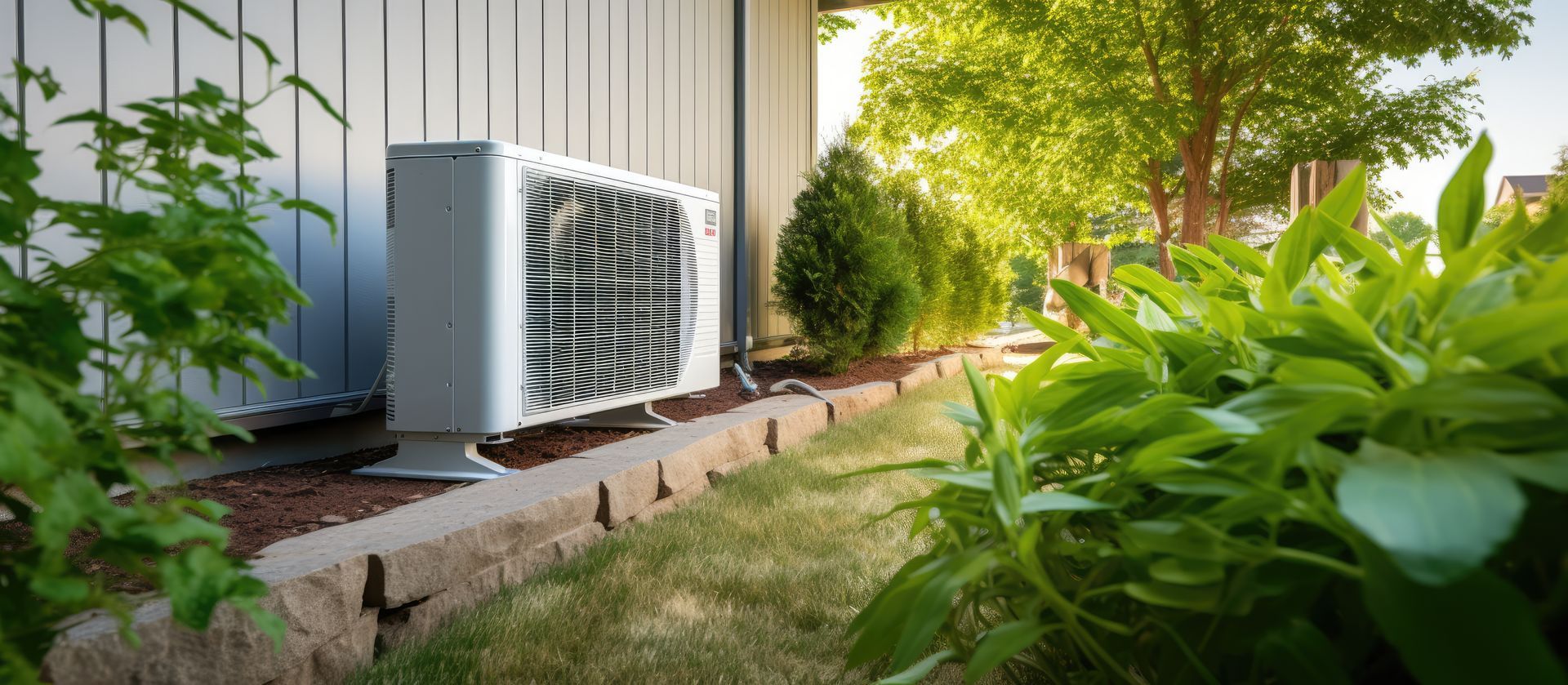 Jardin avec une unité extérieure de pompe à chaleur