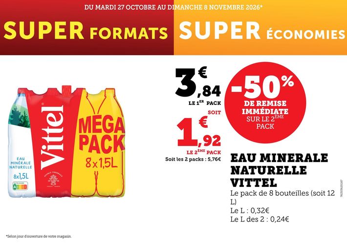 50 % de remise immédiate sur le 2e pack d’eau minérale naturelle Vittel (le pack de 8 bouteilles de 1,5 litre soit total : 12 litres). 3,84 € le prix du 1er pack, soit 1,92 € le prix du 2e pack. 5,76 € le prix des deux packs. Prix du litre : 0,32 €, le prix du litre des 2 packs : 0,24 €.
