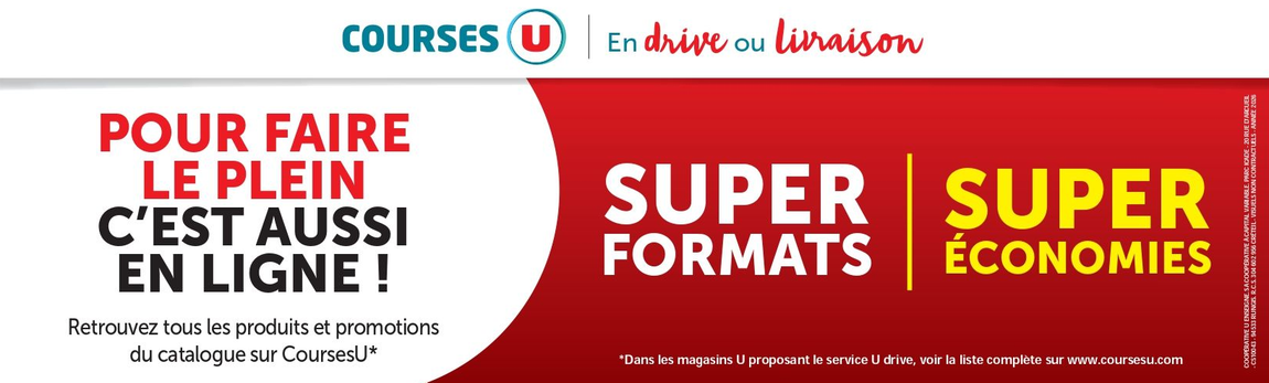 Courses U en drive ou en livraison. Pour faire le plein c’est aussi en ligne, retrouvez tous les produits et promotions du catalogue sur coursesU. Super formats, super économies.