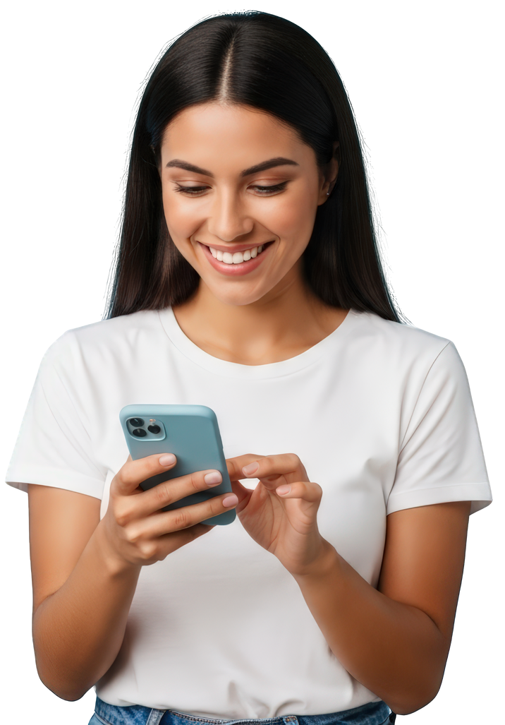 Femme souriant devant son téléphone, vêtue d'un t-shirt blanc.