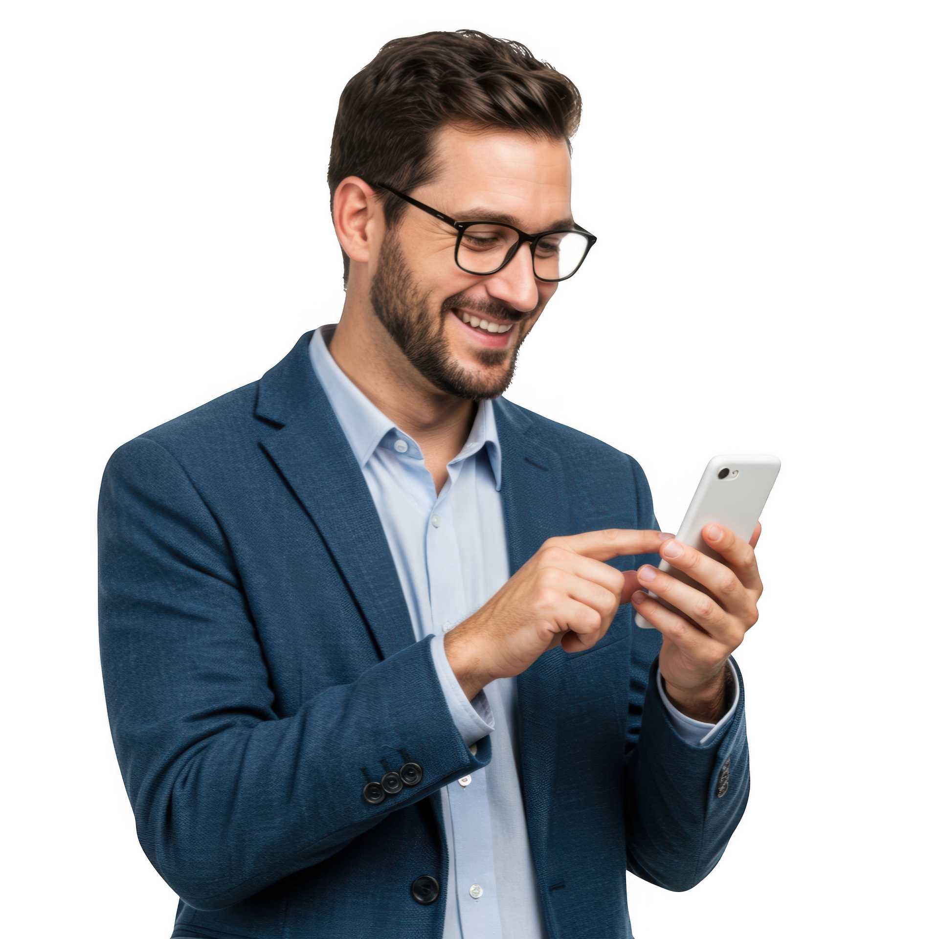 Un homme portant des lunettes et un blazer sourit en regardant un Smartphone.