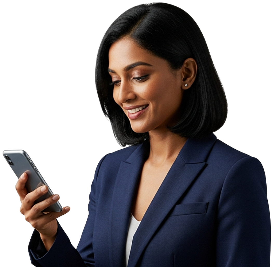 Une femme en blazer bleu sourit en regardant son Smartphone.