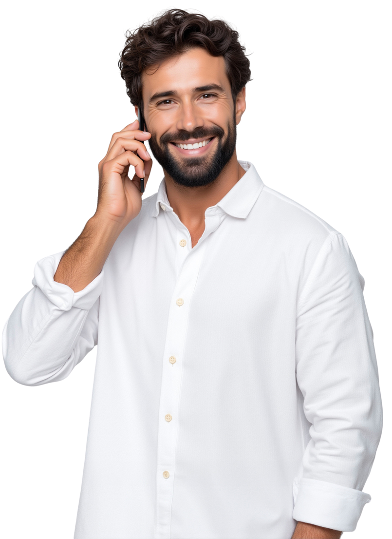 Un homme barbu, souriant et parlant au téléphone, porte une chemise blanche.