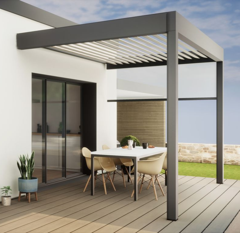Pergola grise moderne au-dessus d'une table et de chaises sur une terrasse en bois.