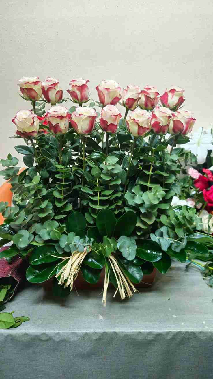 Arreglo de rosas bicolores, rodeadas de exuberantes hojas verdes, atadas con cordel, colocadas sobre una mesa.