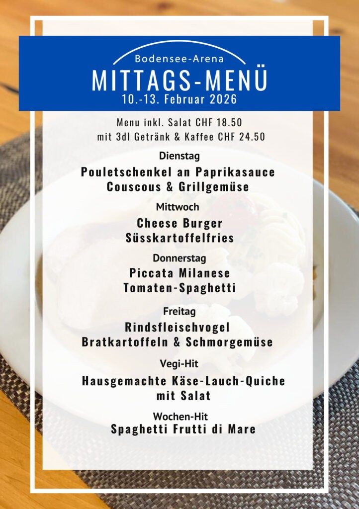 Mittagsmenü für den 12. bis 16. Februar mit täglich wechselnden Spezialitäten, einer vegetarischen Option und einem Wochengericht.