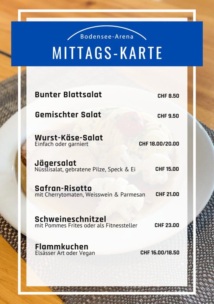 Eine Mittagskarte vom Bodensee Bistro mit Salaten, Risotto, Schweineschnitzel und Flammkuchen, angerichtet auf einem Teller.