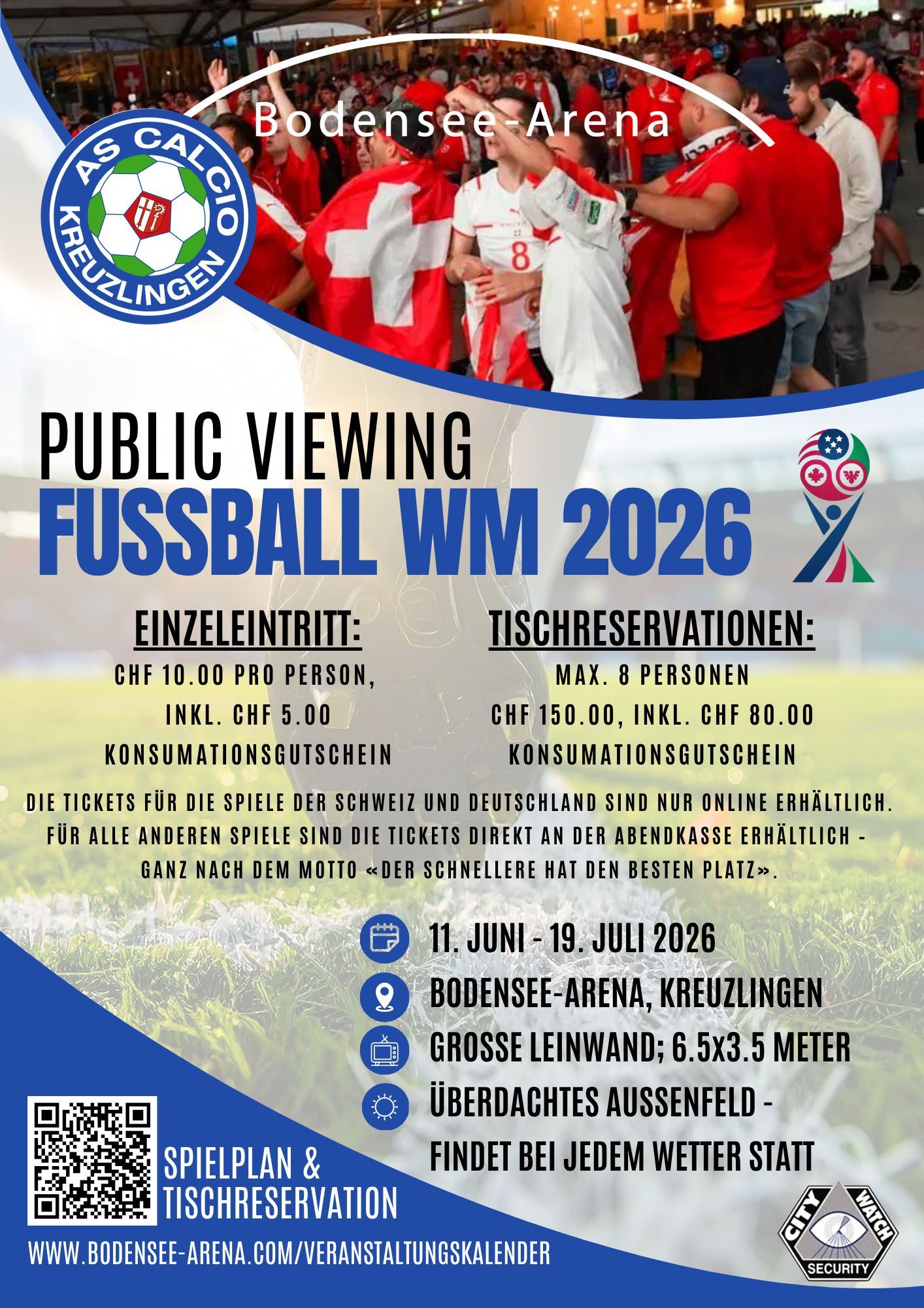 Public-Viewing-Plakat für die Fußball-WM 2026 in der Bodensee Arena mit Schweizer Motiven für Publikum und Veranstaltungsdetails