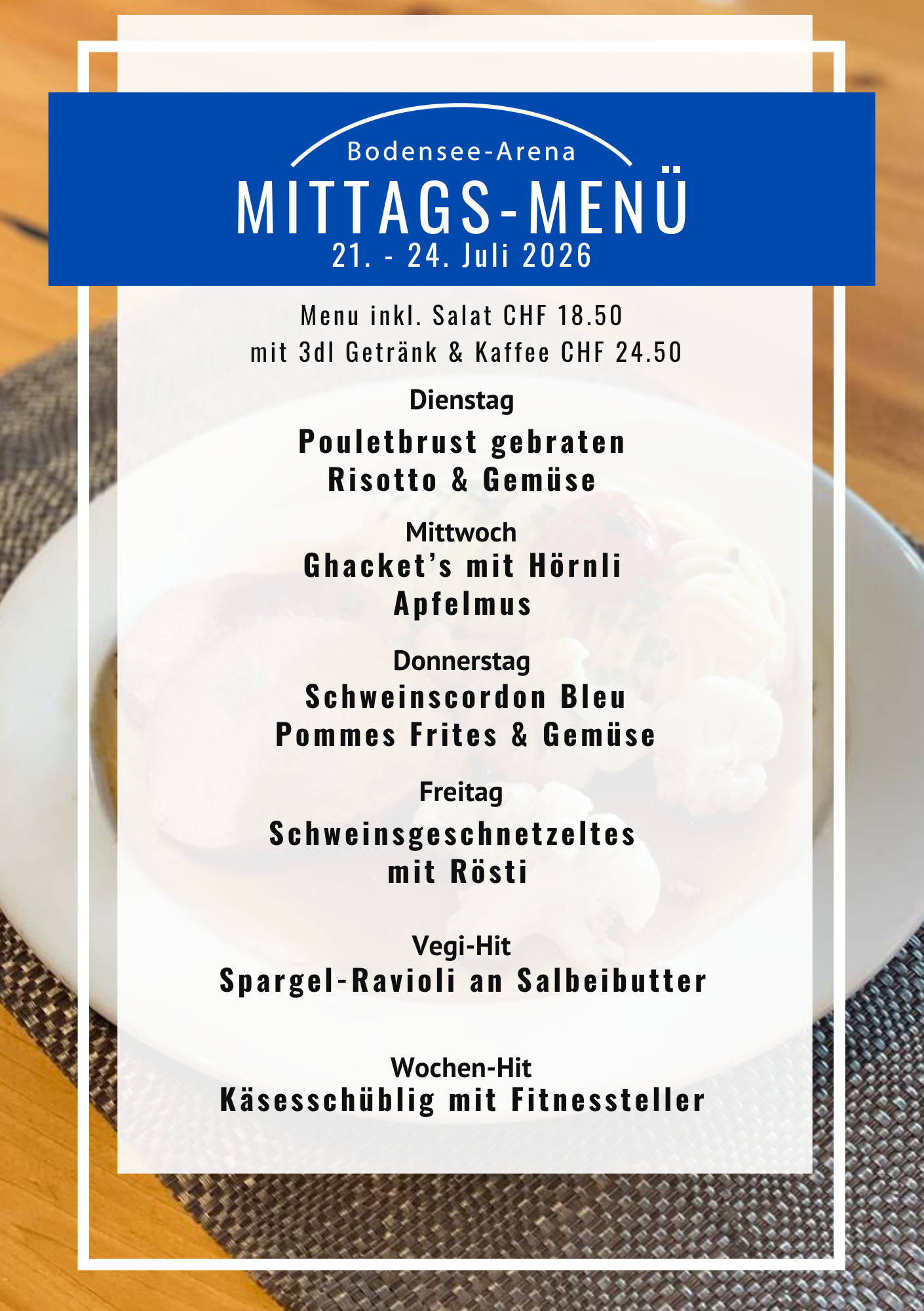 Mittagsmenü für den 12. bis 16. Februar mit täglich wechselnden Spezialitäten, einer vegetarischen Option und einem Wochengericht.