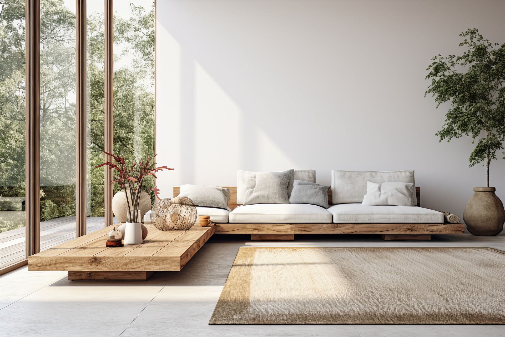 Espace de vie moderne avec parquet, canapé bleu et armoires de cuisine en bois clair.