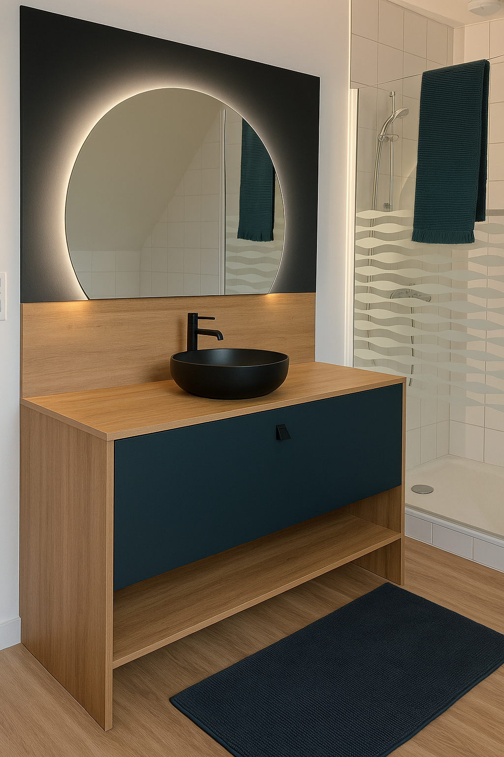 Élégante salle de bain en marbre blanc avec baignoire, bidet et lavabo flottant.