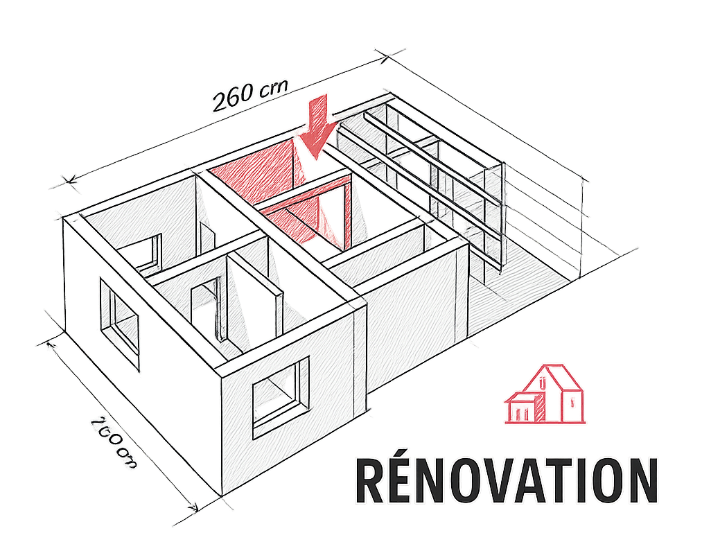 Croquis isométrique d'une rénovation domiciliaire, avec surlignage rouge sur une section de mur et dimensions aériennes.