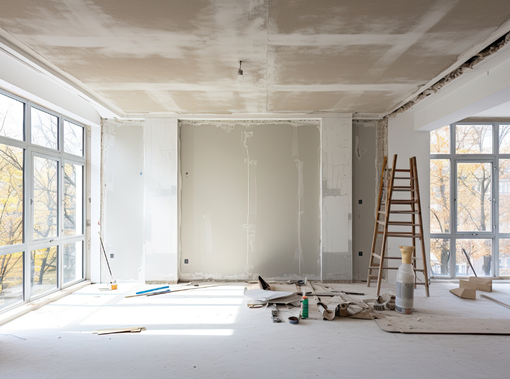 Chambre vide en cours de rénovation avec murs blancs, fenêtres et planchers apparents.