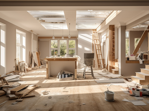 Intérieur d'une maison en rénovation : murs bruts, sols nus, escalier, matériaux de construction.