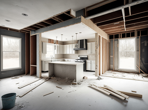 Rénovation de cuisine en cours, avec charpente apparente, nouvelles armoires et débris de construction.