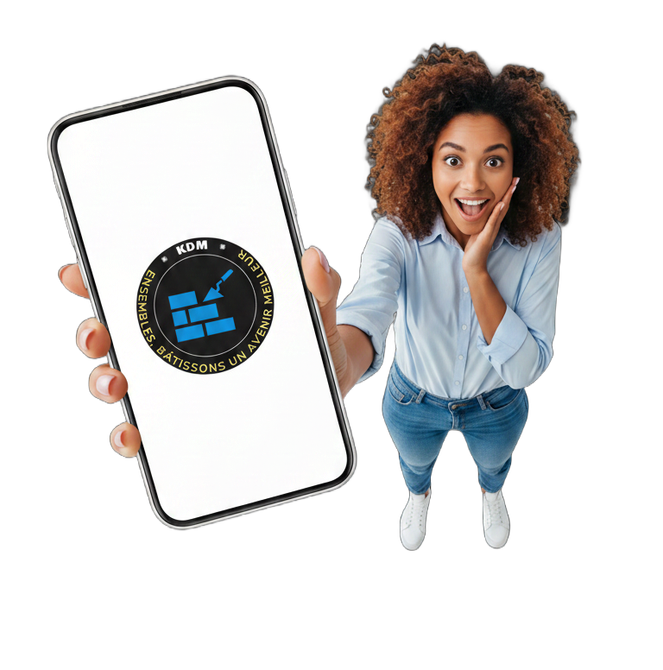 Femme souriante à côté d'un Smartphone géant affichant un logo d'application circulaire bleu