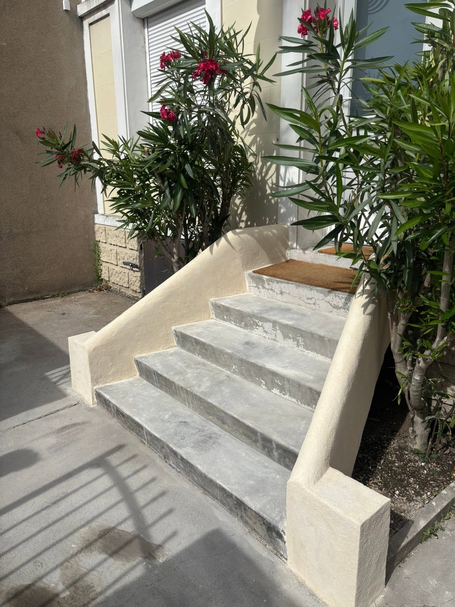 Escalier d'entrée avec marches grises et murs couleur crème, jouxtant une maison bordée d'arbustes verts et de fleurs roses.