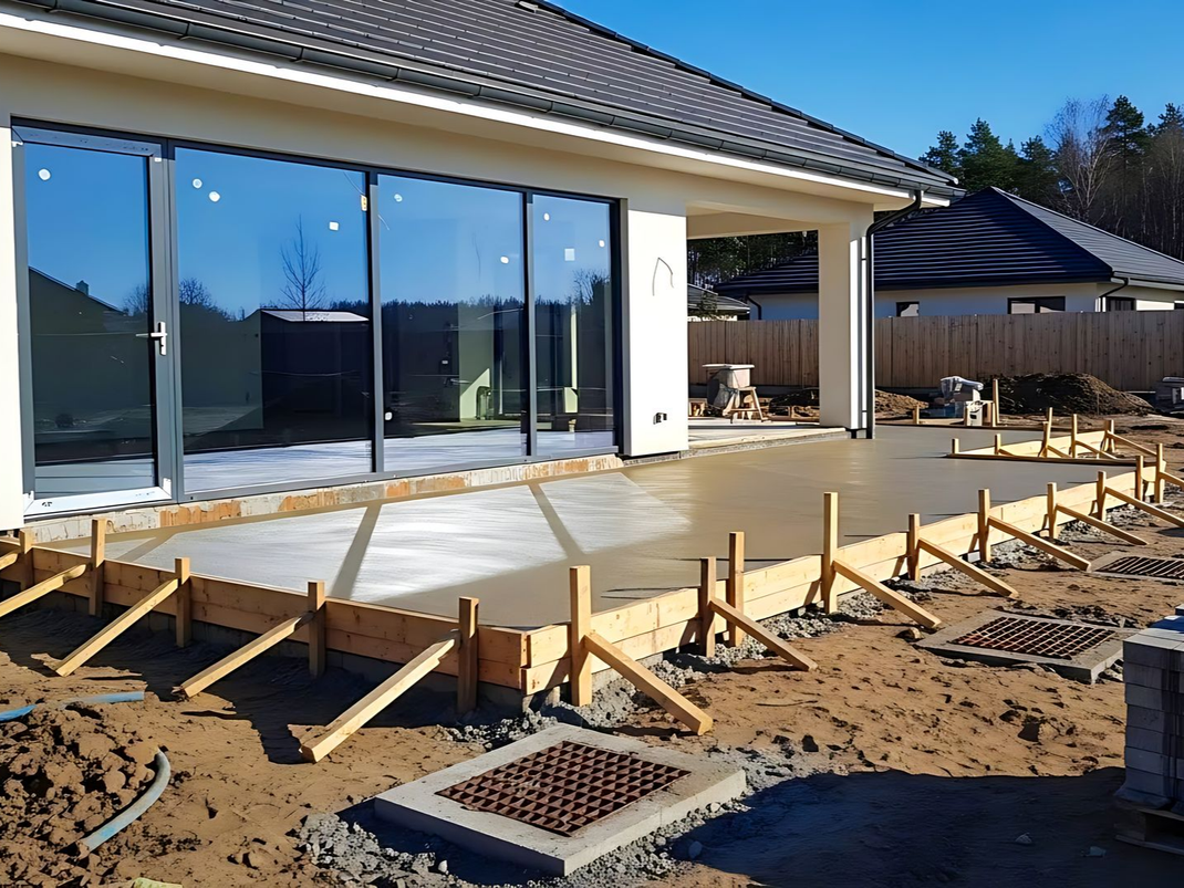 Terrasse en construction dans le jardin d'une maison moderne, avec dalle de béton, coffrage en bois et terrain en terre.