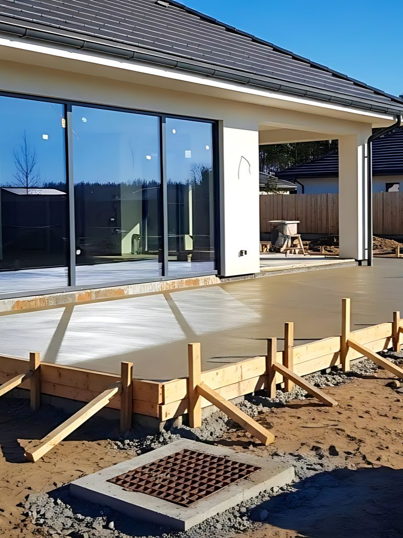 Extérieur de maison neuve en construction, avec de grandes fenêtres, une terrasse couverte et un jardin paysager à l'avant.