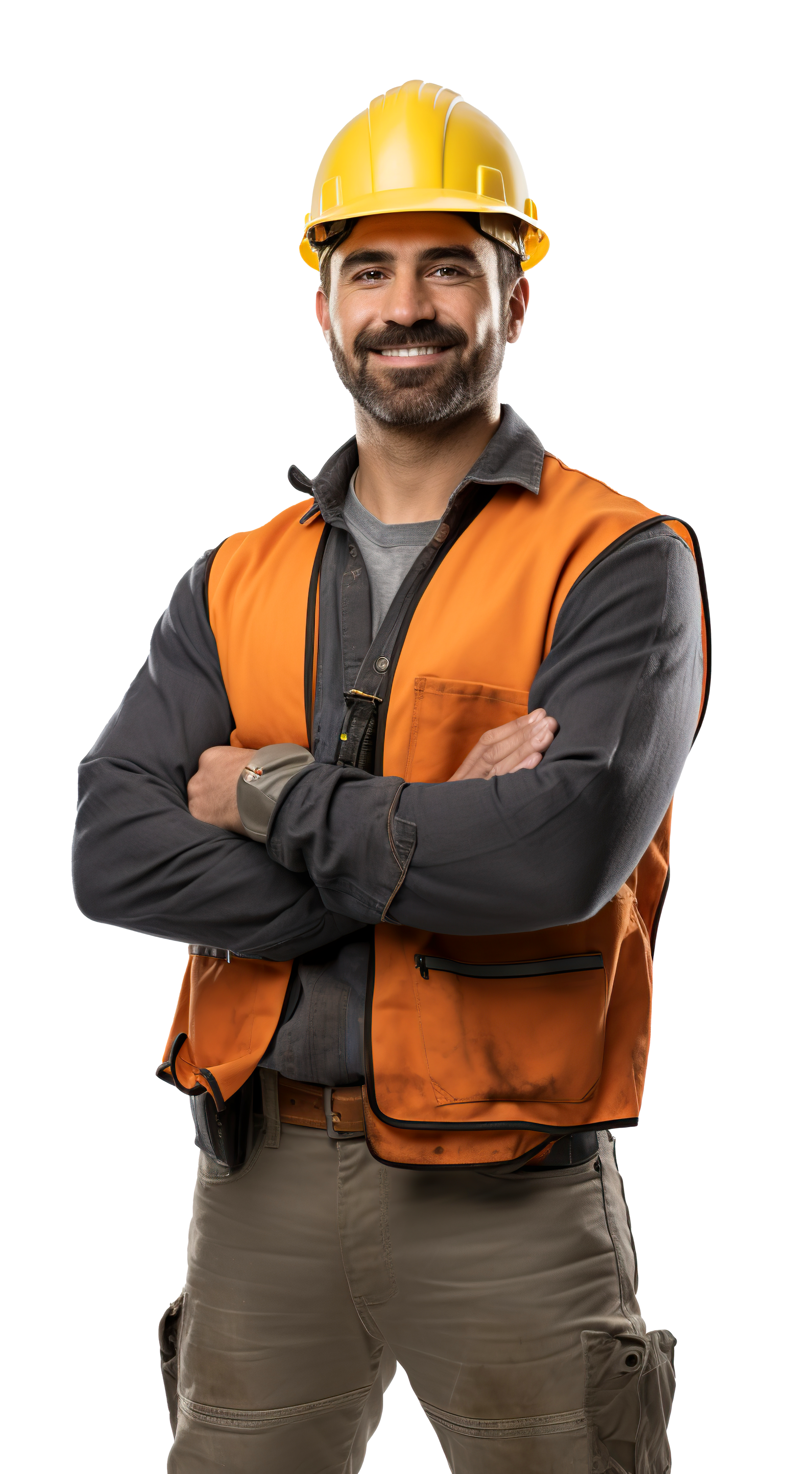 Ouvrier du bâtiment portant un casque jaune et un gilet de sécurité orange, debout, les bras croisés, sur fond blanc.