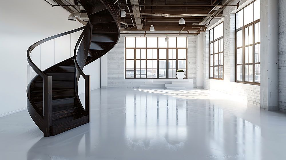 Leerer Dachbodenraum mit schwarzer Wendeltreppe, großen Fenstern und reflektierenden weißen Böden.