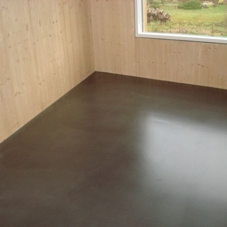 Ein Zimmer mit hellen, holzgetäfelten Wänden, einem dunklen, glänzenden Boden und einem Fenster mit Aussicht.