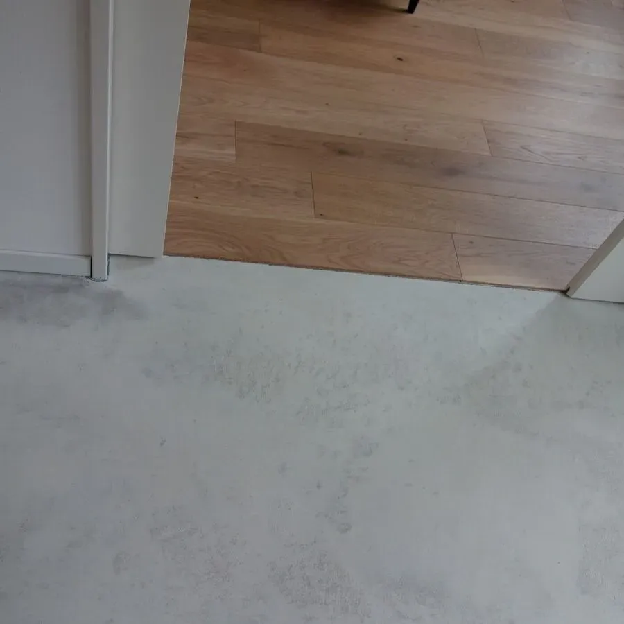 Im Eingangsbereich trifft ein hellgrauer Betonboden auf einen hellbraunen Holzboden. Weiße Zierleisten sind vorhanden.