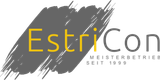 Logo f&uuml;r EstriCon, einen Meisterbetrieb seit 1999. Enth&auml;lt Text in Gelb und Grau &uuml;ber einem grauen Pinselstrich.