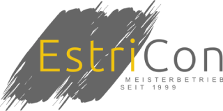 Logo für EstriCon, einen Meisterbetrieb seit 1999. Enthält Text in Gelb und Grau über einem grauen Pinselstrich.