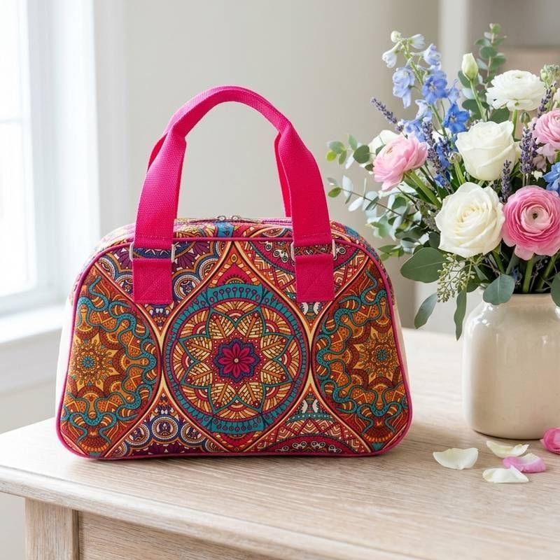 Eine farbenfrohe, gemusterte Handtasche mit leuchtend pinkfarbenen Henkeln liegt auf einem Tisch neben einer Blumenvase.
